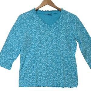 Fresh Produce Size XL Lettuce Hem Shell Print Blue 3/4 Sleeve 100% Cotton Top
